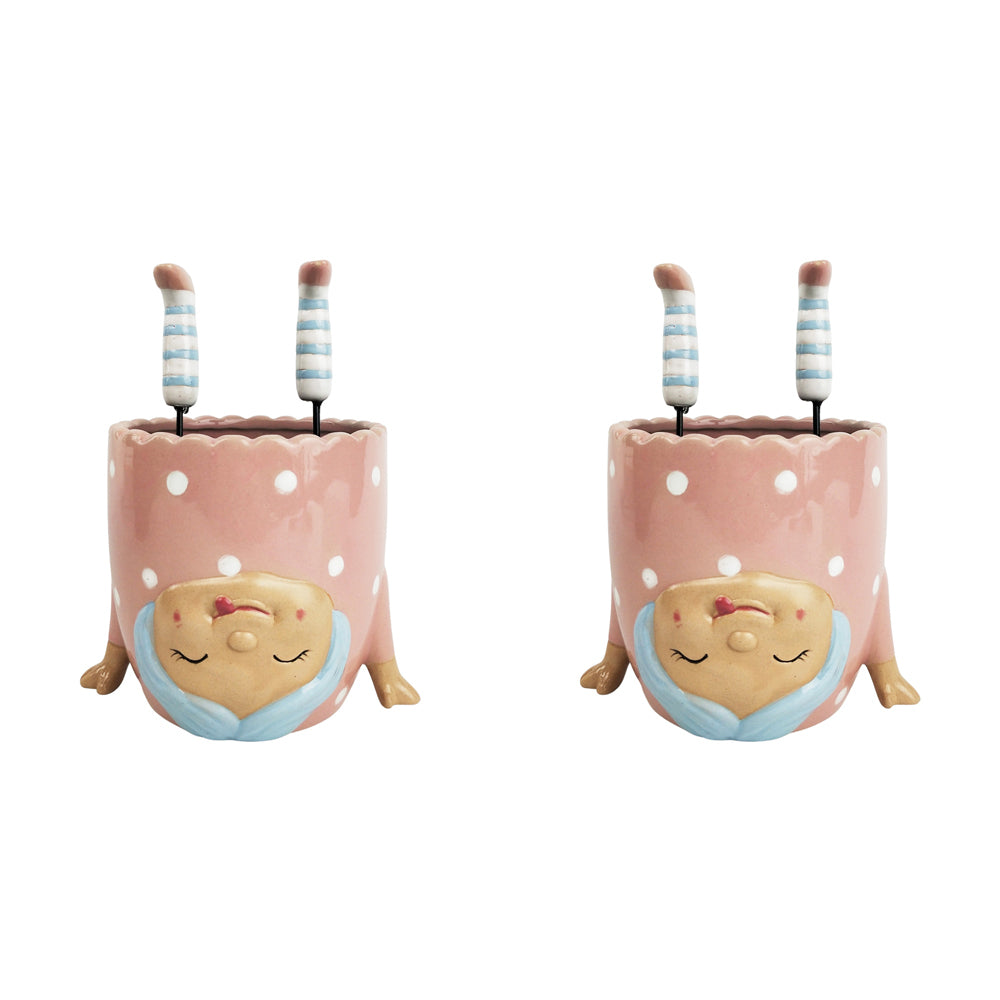 2x Urban Girl Doing Handstand 12cm Ceramic Planter Pot - Pink