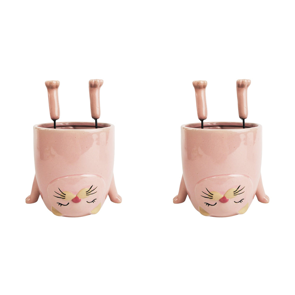 2x Urban Cat Doing Handstand 12cm Ceramic Planter Pot - Pink