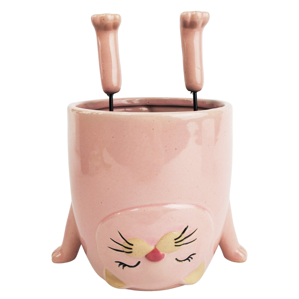 2x Urban Cat Doing Handstand 12cm Ceramic Planter Pot - Pink