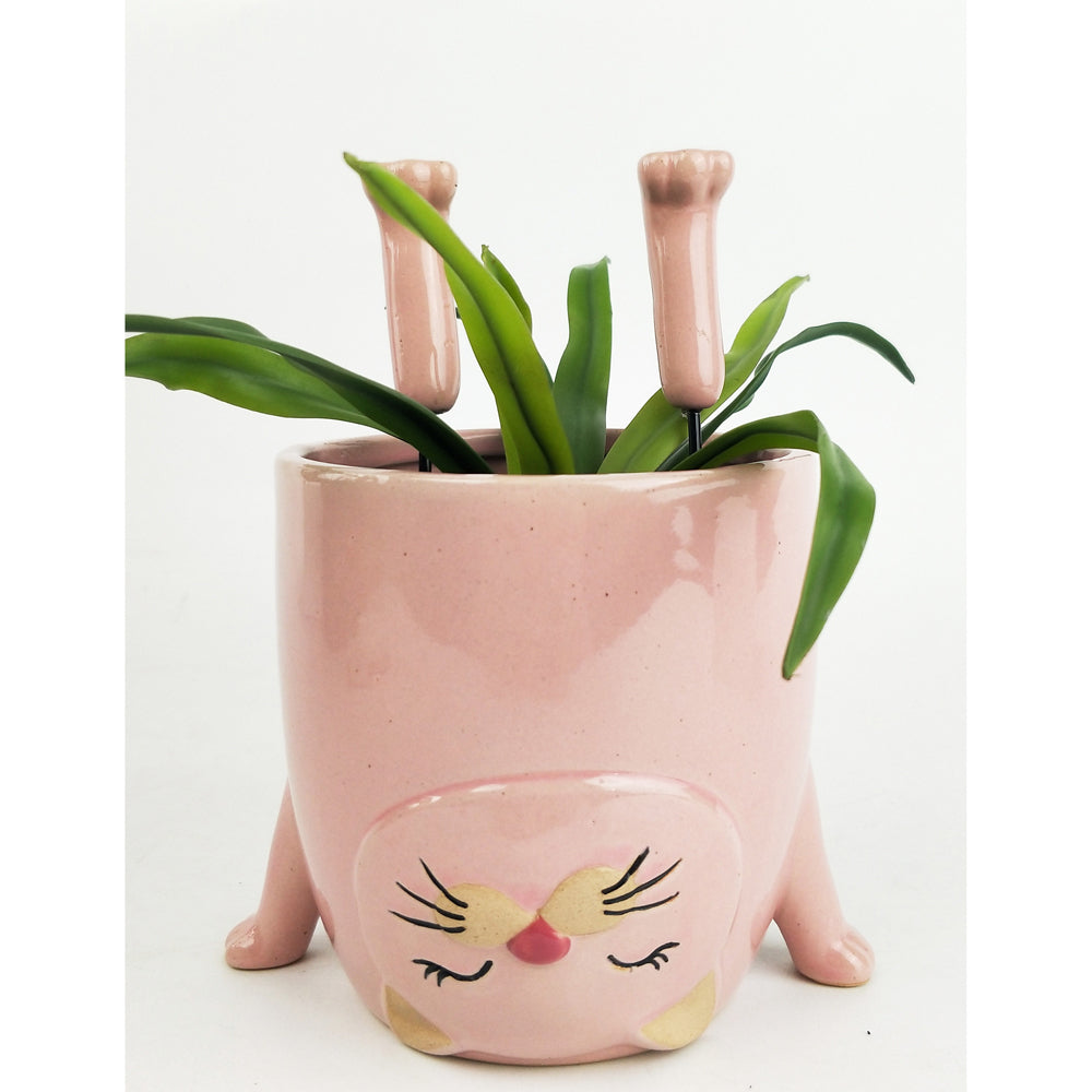2x Urban Cat Doing Handstand 12cm Ceramic Planter Pot - Pink