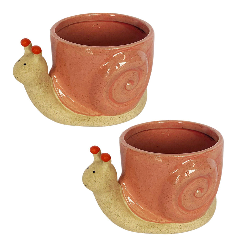 2x Urban Snail 8.5cm Ceramic Planter Ornament Display Pot Medium - Pink
