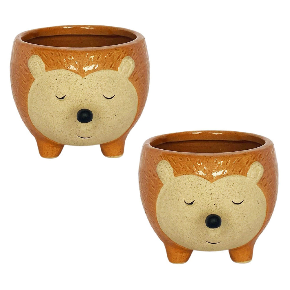 2x Urban Hedgehog 9.5cm Ceramic Planter Ornament Display Pot Small - Orange