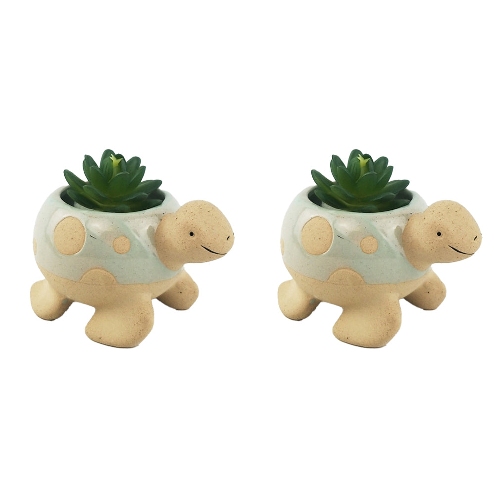 2x Urban Turtle 8cm Ceramic Planter Ornament Display Pot Medium - Light Blue