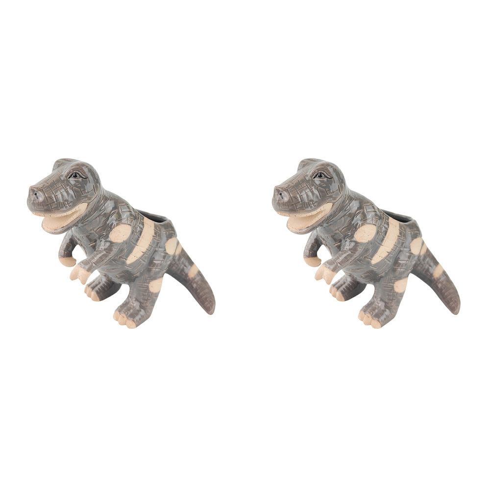 2x Urban T-Rex Dinosaur 13cm Ceramic Planter Ornament Display Pot - Grey