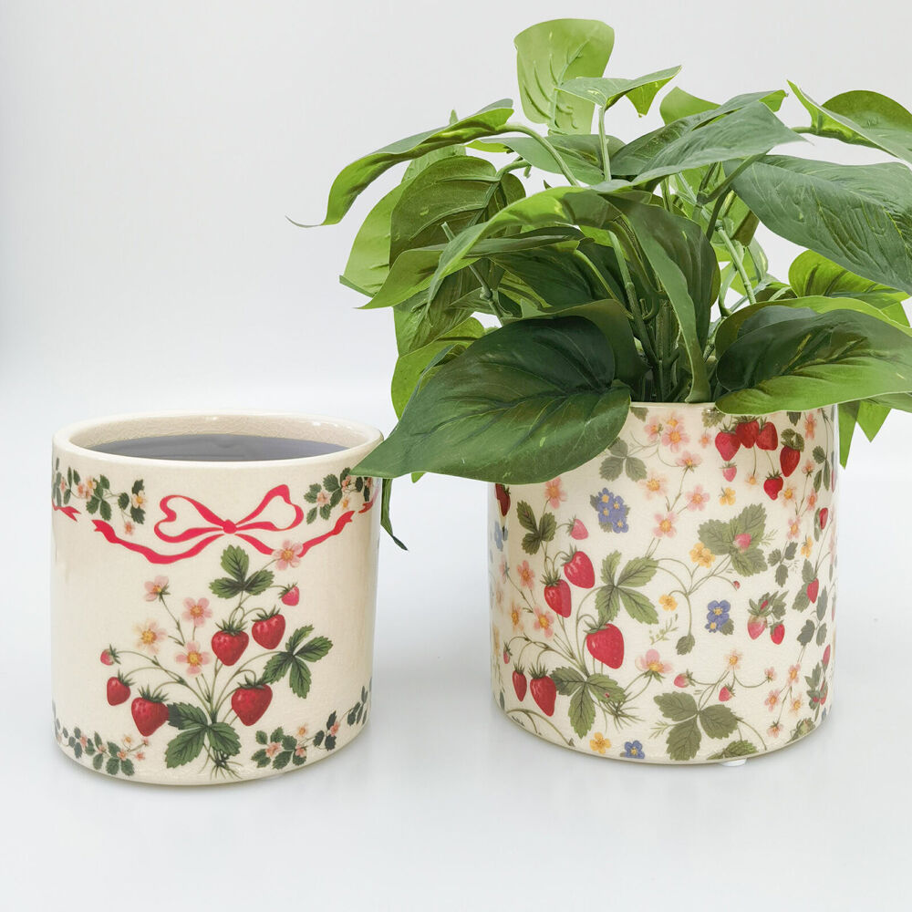 Urban Strawberry Field Stoneware Outdoor Planter Pot 14x13cm Green/Red