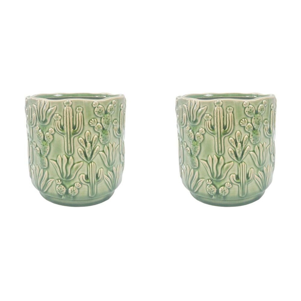 2PK Urban Cactus Stoneware Outdoor Garden Planter Pot 15x14cm Green