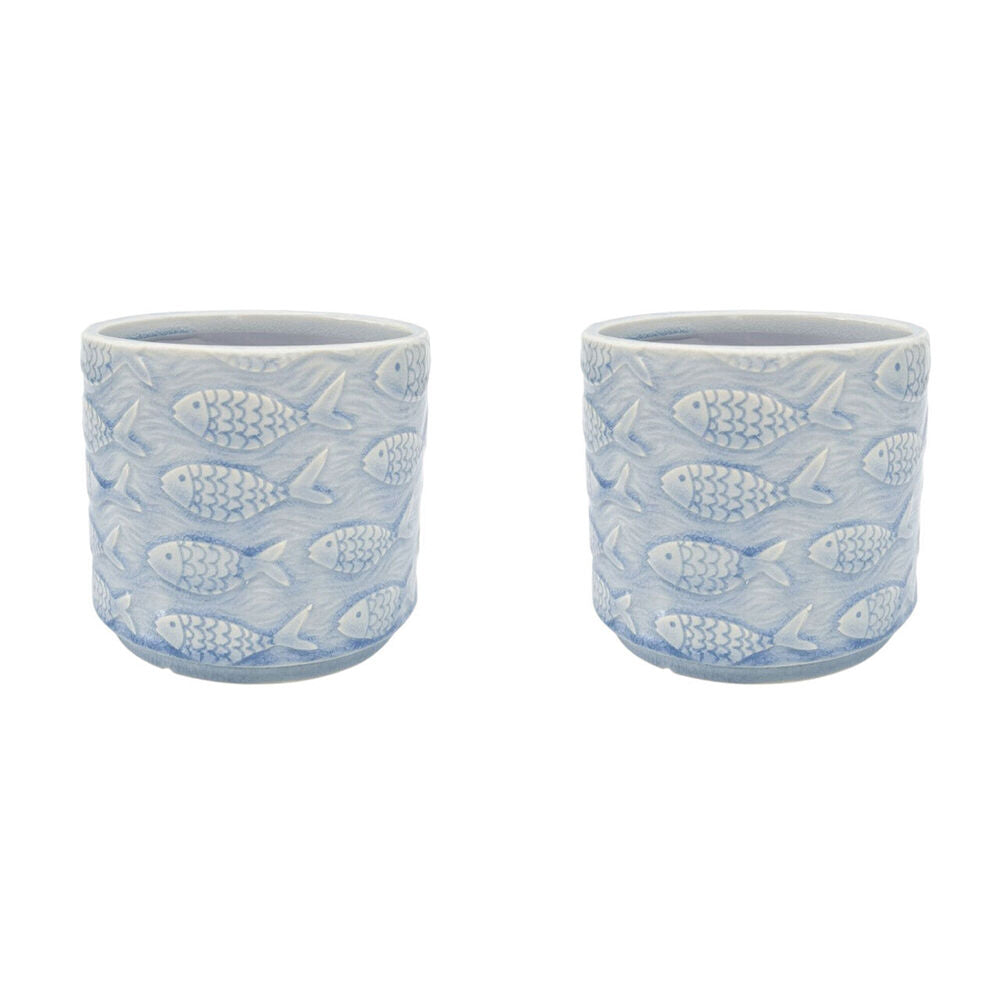 2PK Urban Fish Stoneware Outdoor Garden Planter Pot 14x13cm Blue