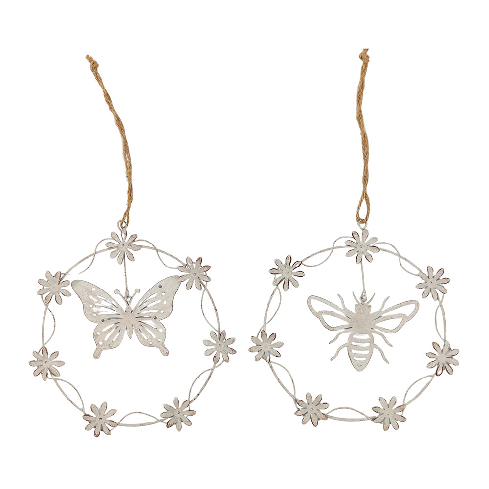 2x Urban 17cm Metal Fleur Bee/Butterfly Hanging Decor Antique White Assorted
