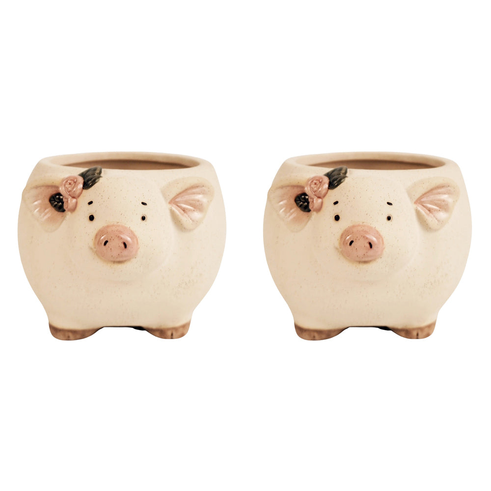 2x Urban 9.5cm Ceramic Pig w/ Flowers Planter Home/Garden Decor - Sand