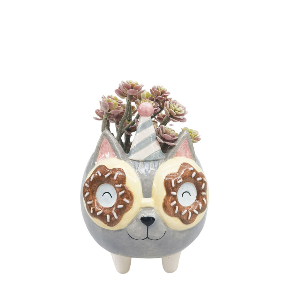 Urban Ceramic Donut Cat Outdoor Garden Planter Pot 15cm Grey