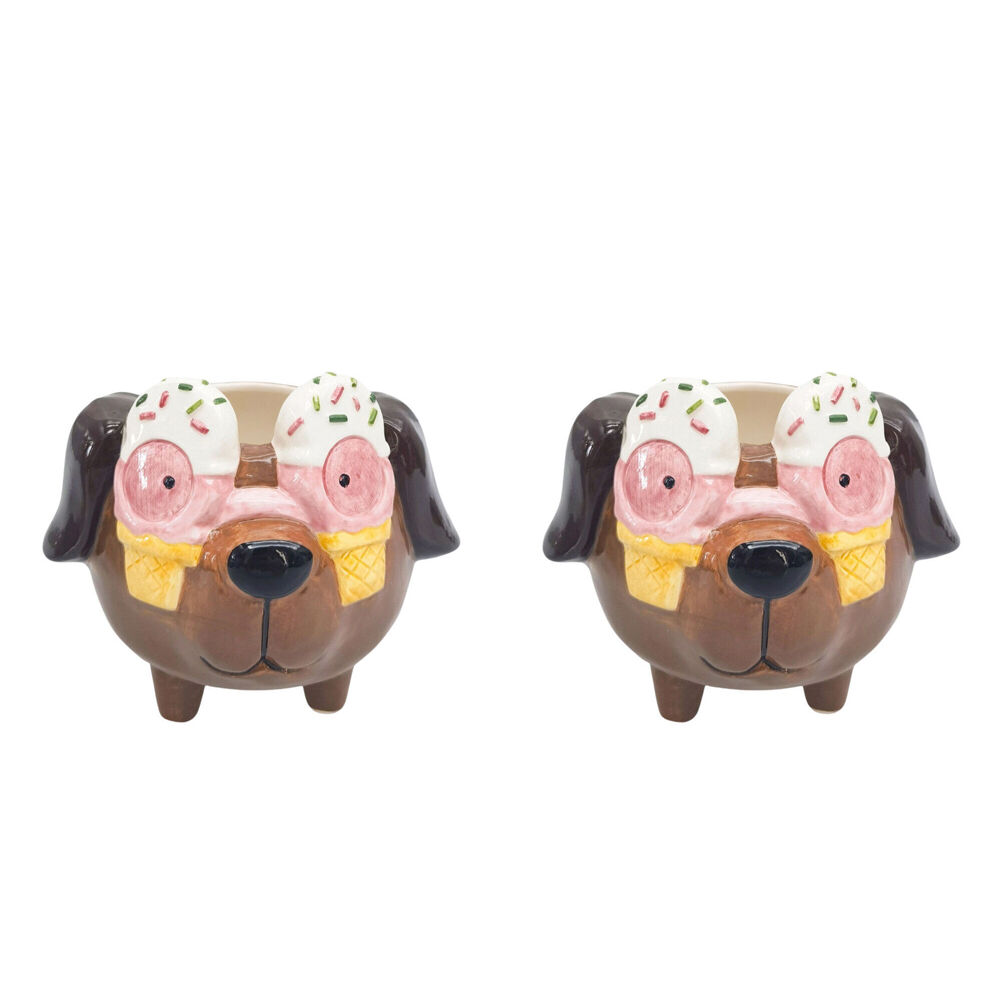 2PK Urban Ceramic Ice Cream Dog Outdoor Garden Planter Pot 13cm Brown