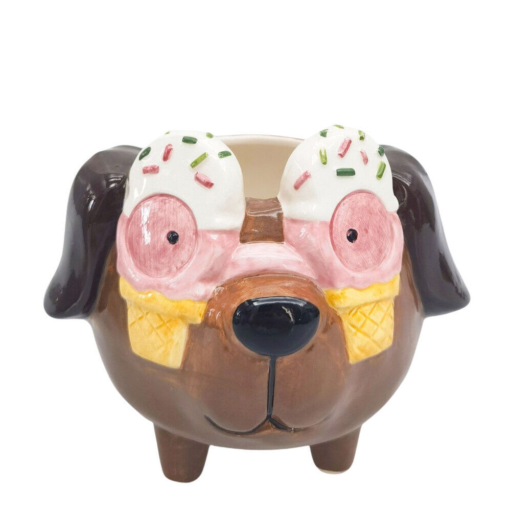 2PK Urban Ceramic Ice Cream Dog Outdoor Garden Planter Pot 13cm Brown