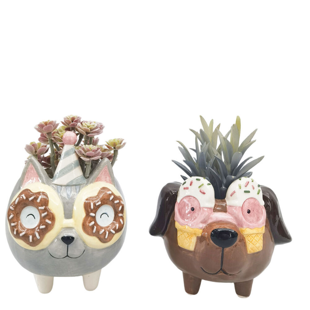 2PK Urban Ceramic Ice Cream Dog Outdoor Garden Planter Pot 13cm Brown