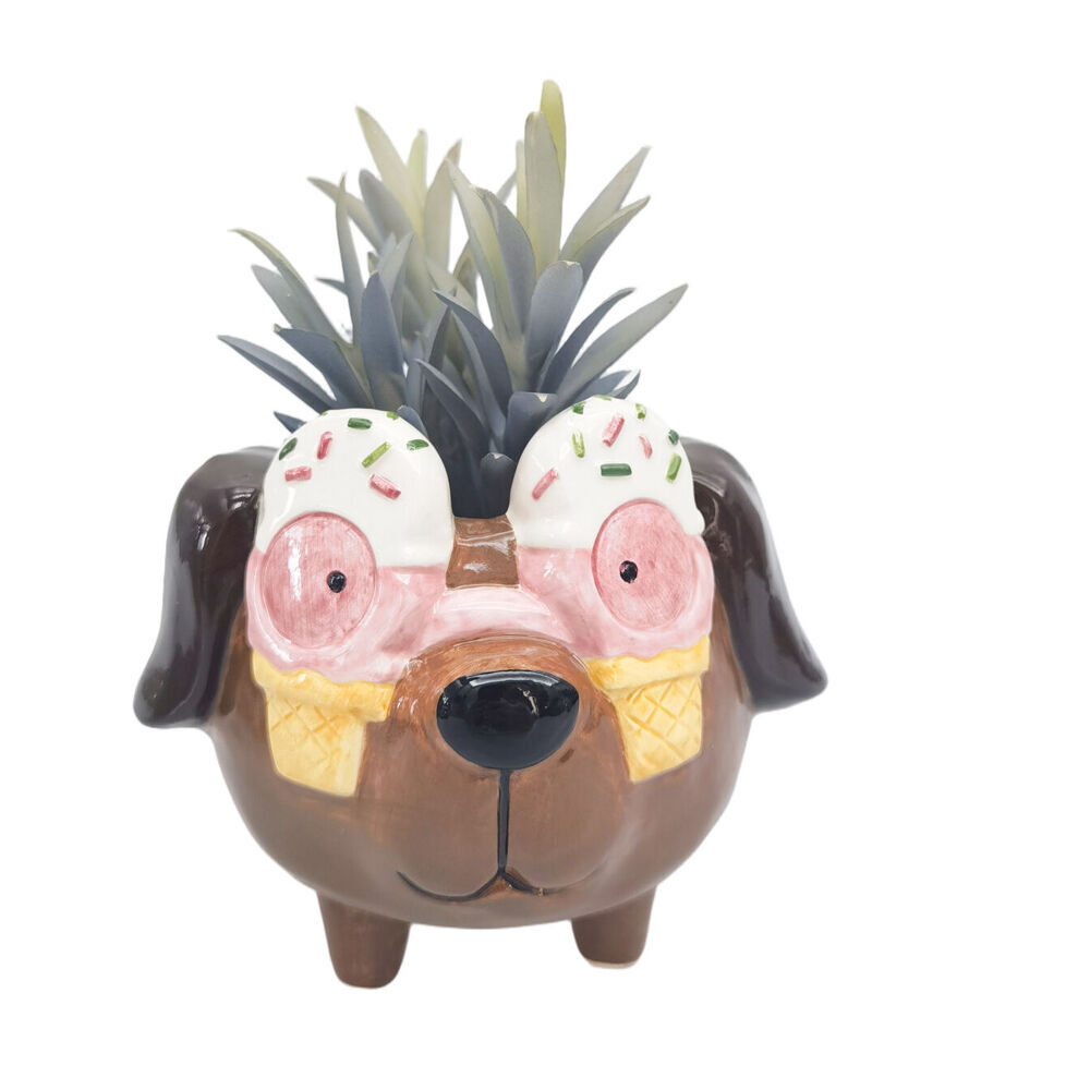 2PK Urban Ceramic Ice Cream Dog Outdoor Garden Planter Pot 13cm Brown