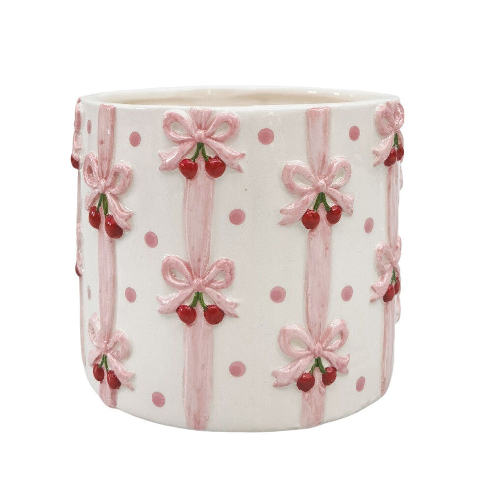 2PK Urban Ceramic Cherry Bow Outdoor Garden Planter Pot 13cm Pink