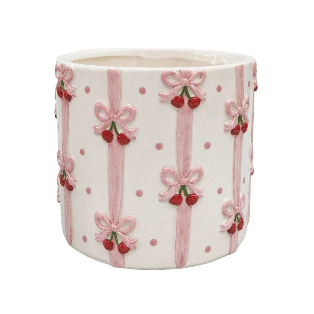 Urban Ceramic Cherry Bow Outdoor Garden Planter Pot 16cm Pink