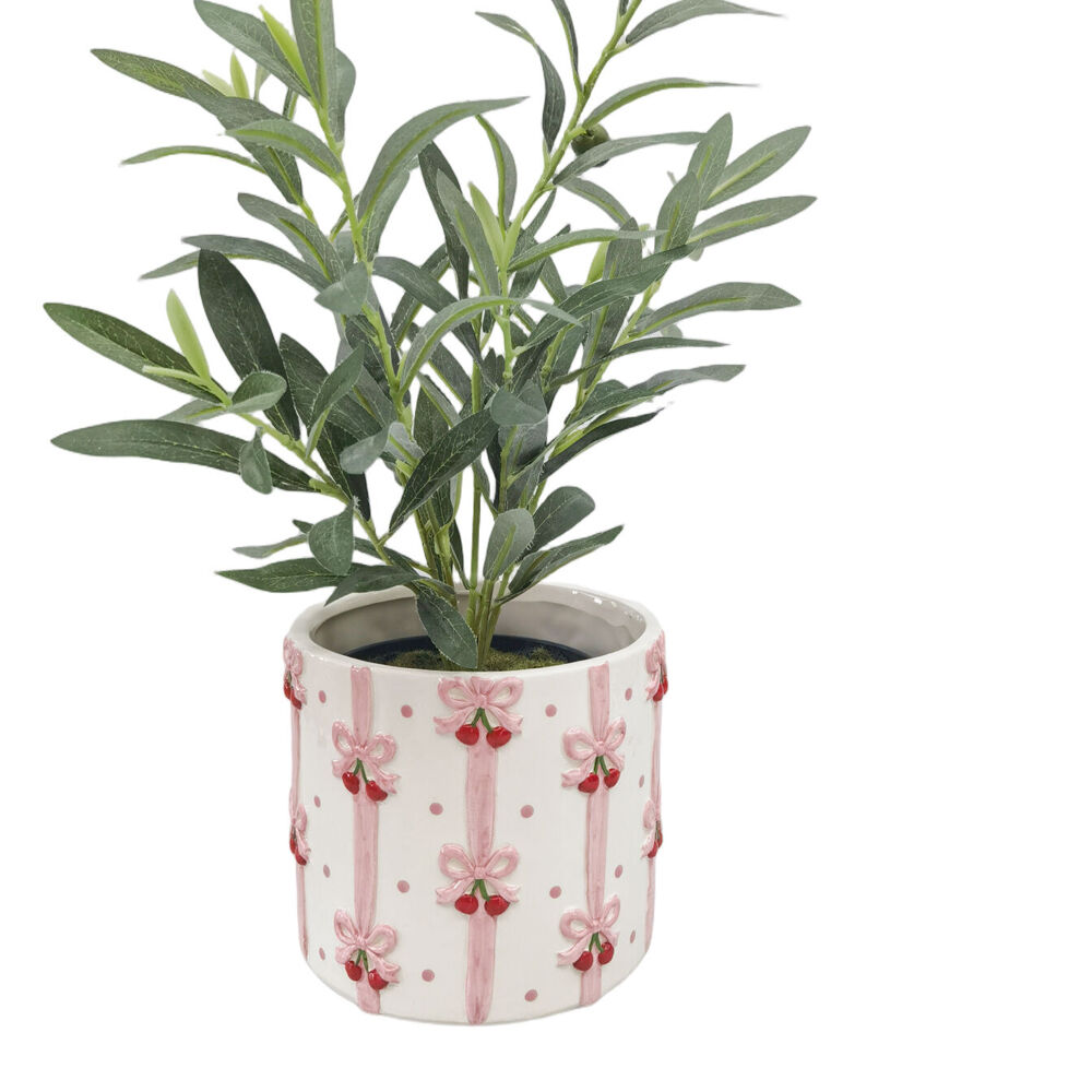 Urban Ceramic Cherry Bow Outdoor Garden Planter Pot 16cm Pink