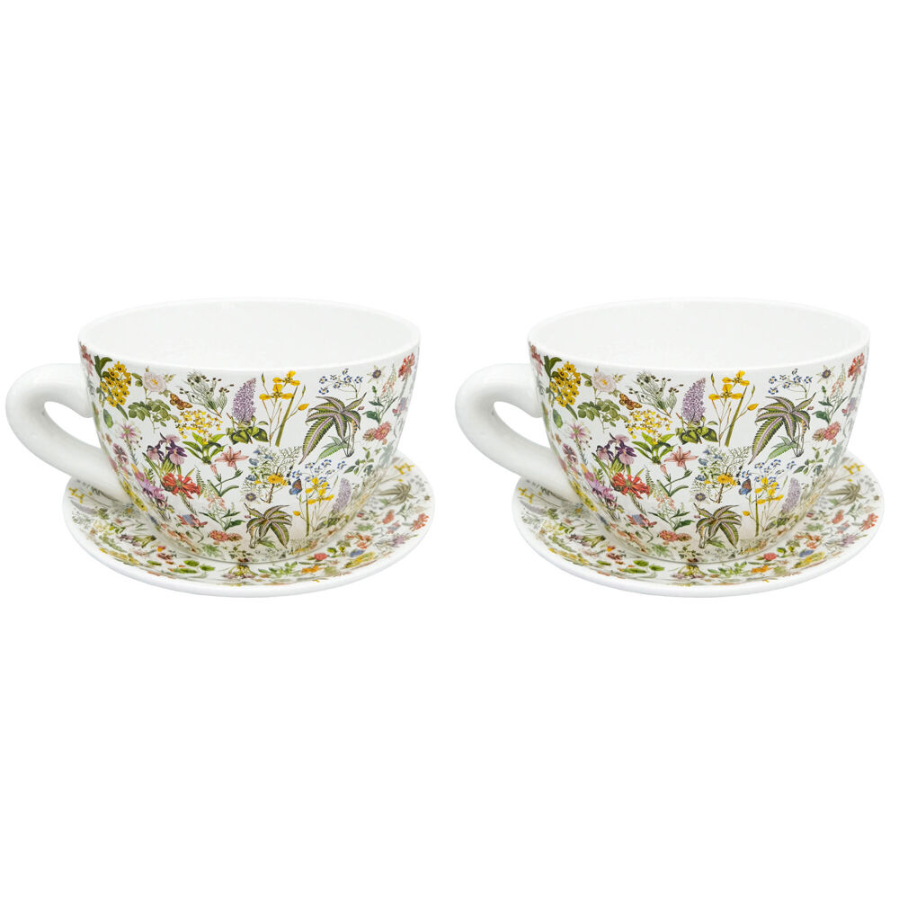 2PK Urban Ceramic Botanicals Tea Cup Outdoor Planter Pot 13x24cm Green