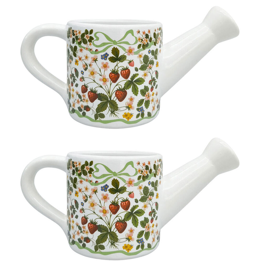 2PK Urban Ceramic Strawberry Fields Watering Can Planter Pot 13x25cm Green/Red