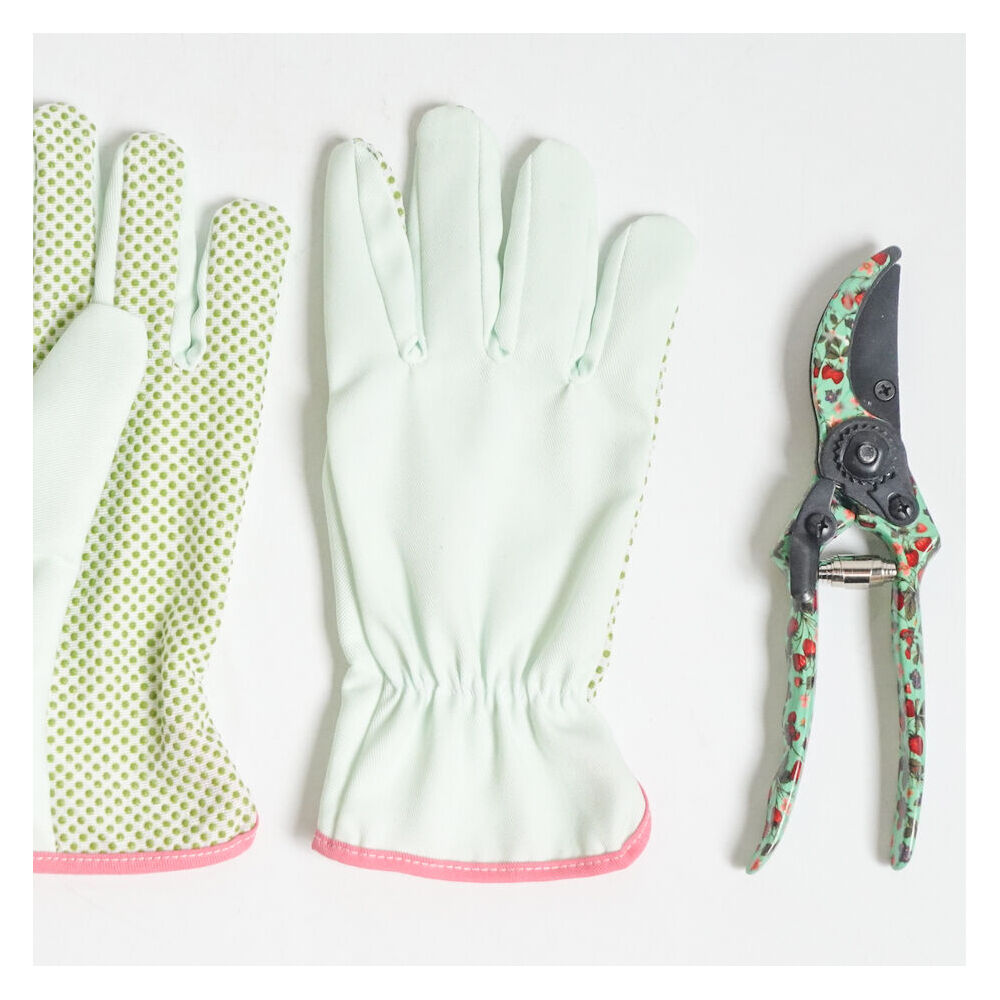 3pc Urban Strawberry Field Secateurs & Gardening Gloves Set 26cm Green