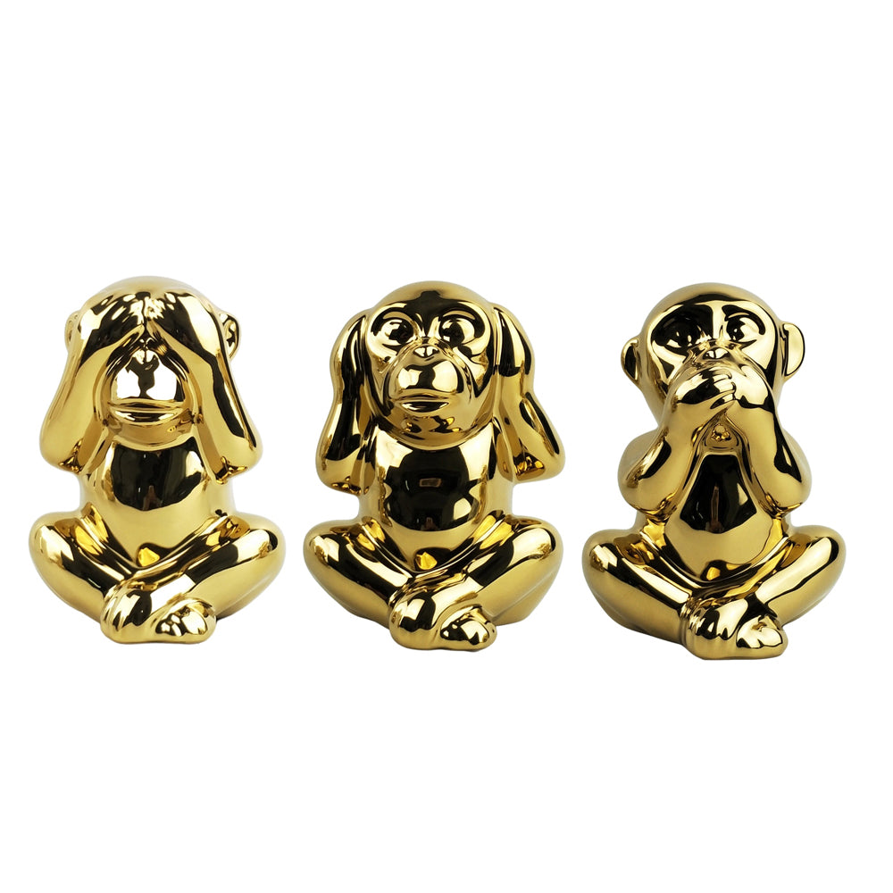 3pc Urban 15cm Three Wise Monkeys Ceramic Ornament Home Decor - Gold
