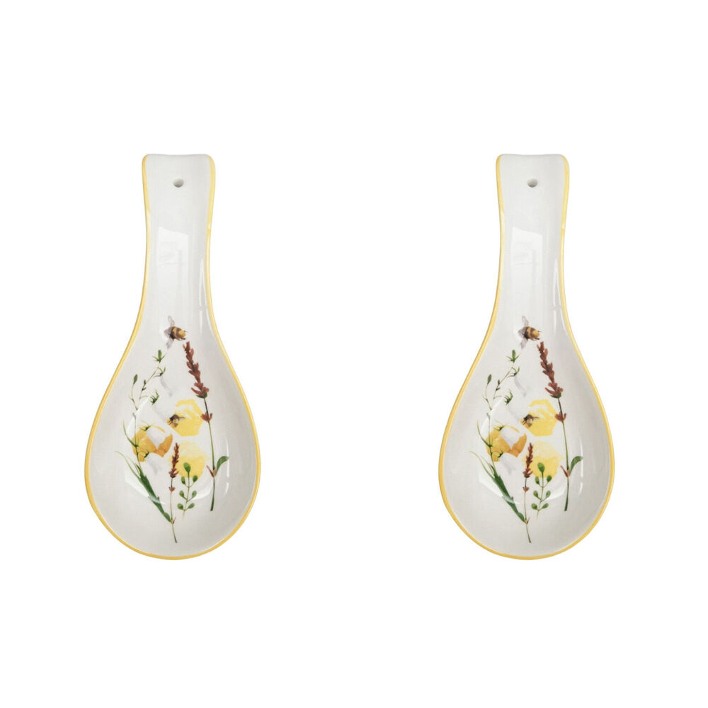 2PK Urban Ceramic Bee Meadow Spoon Rest Utensil Holder 24x10cm Yellow