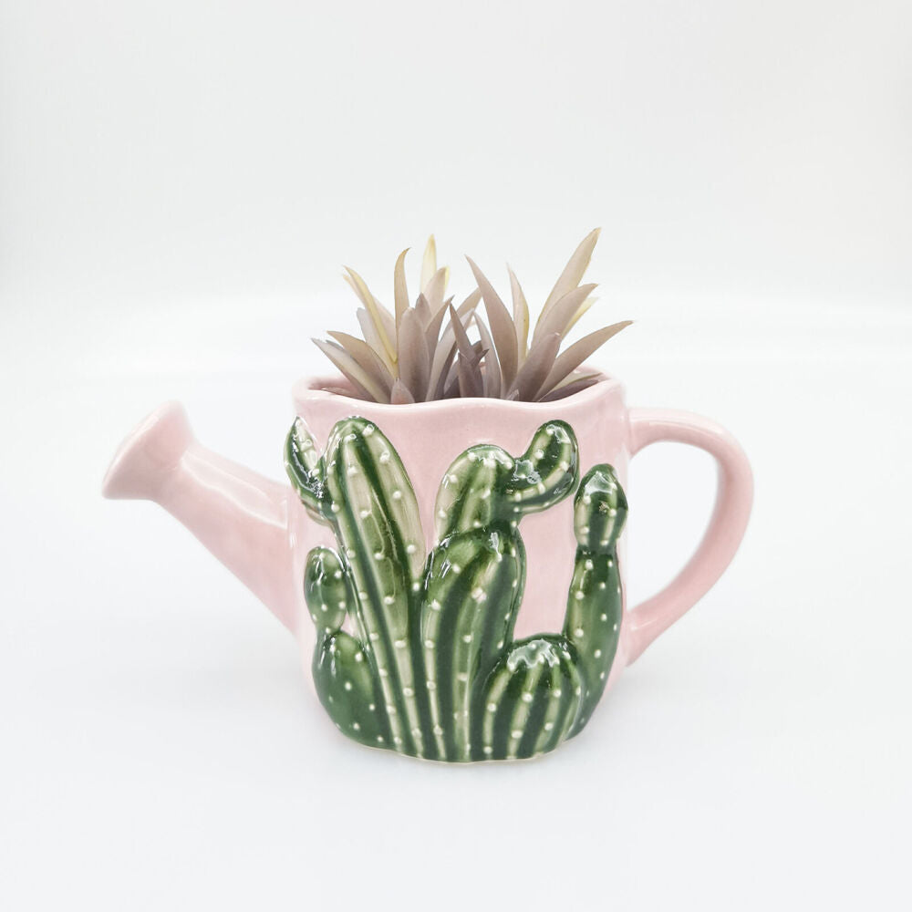 Urban Ceramic Cactus Watering Can Outdoor Planter Pot 18x9cm Pink