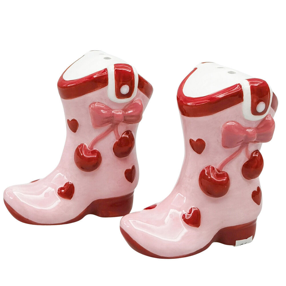 2x 2pc Urban Ceramic Cherry Cowboy Boots Salt and Pepper Shakers Set 7cm Pink