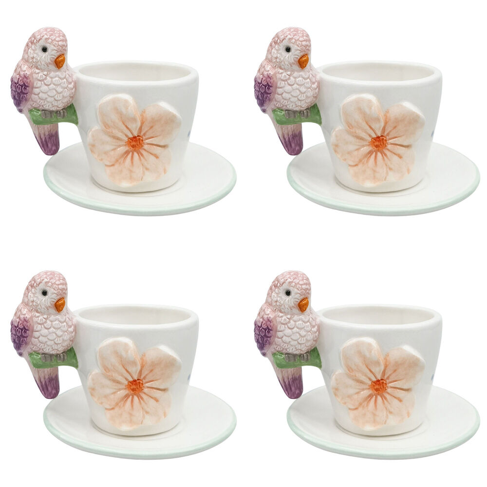 4x 2pc Urban Ceramic Perdy Parrot Tea Cup & Saucer Set 10cm Pink/Peach