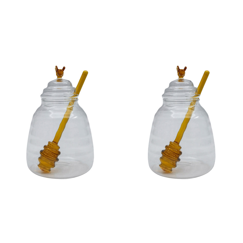 2PK Urban Bee Honey Pot with Stirrer Yellow 13cm Serveware Home Kitchen Decor