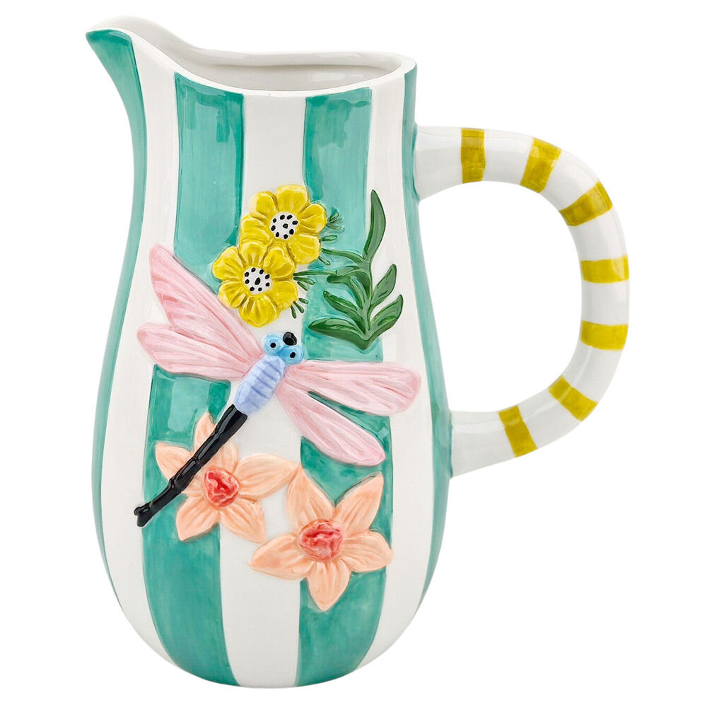 Urban Ceramic Tropical Dragonfly Striped Pitcher Jug 22cm Turquoise
