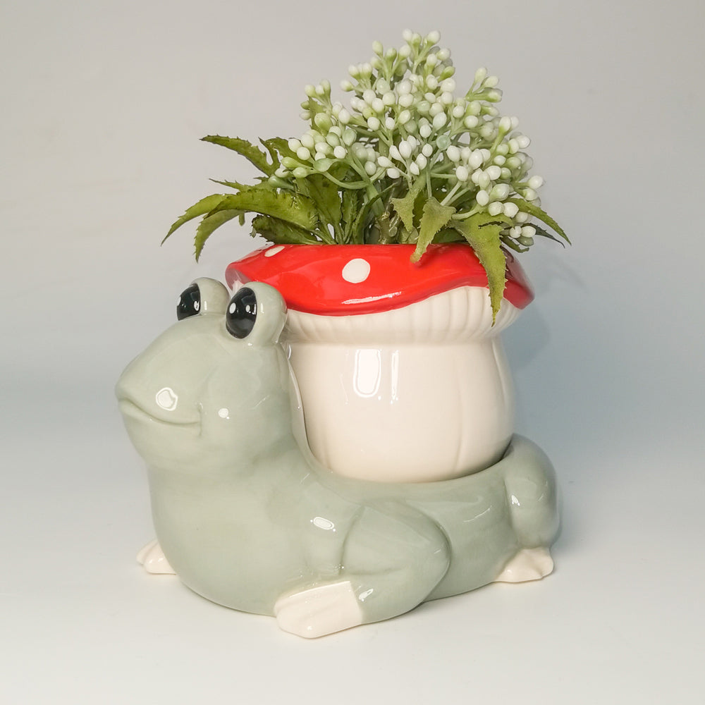 2PK Urban Frog Toadstool Planter White Red 15cm Decorative Garden Decor