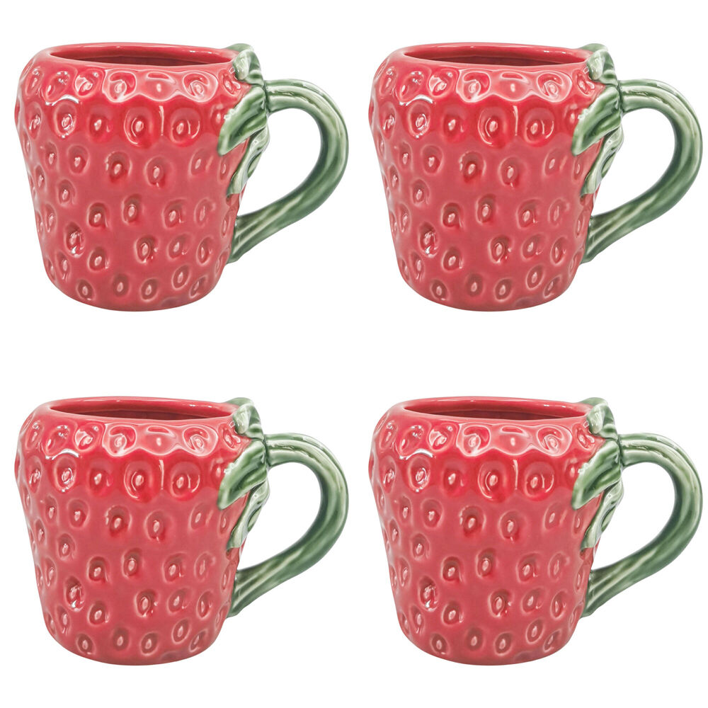 4PK Urban Ceramic Strawberry 3D Fruit Coffee Drinking Mug 9cm Red
