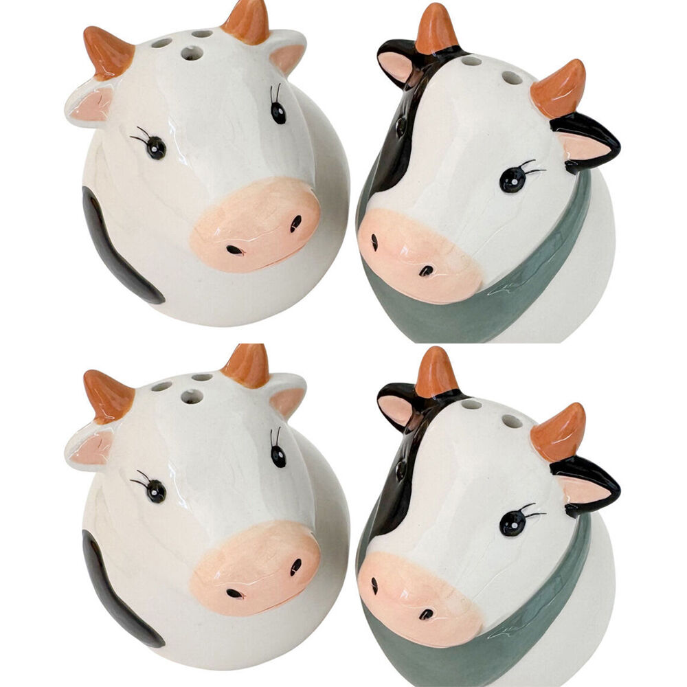 2x 2pc Urban Ceramic Cow Heads Salt and Pepper Shakers Set 8x7cm White/Black