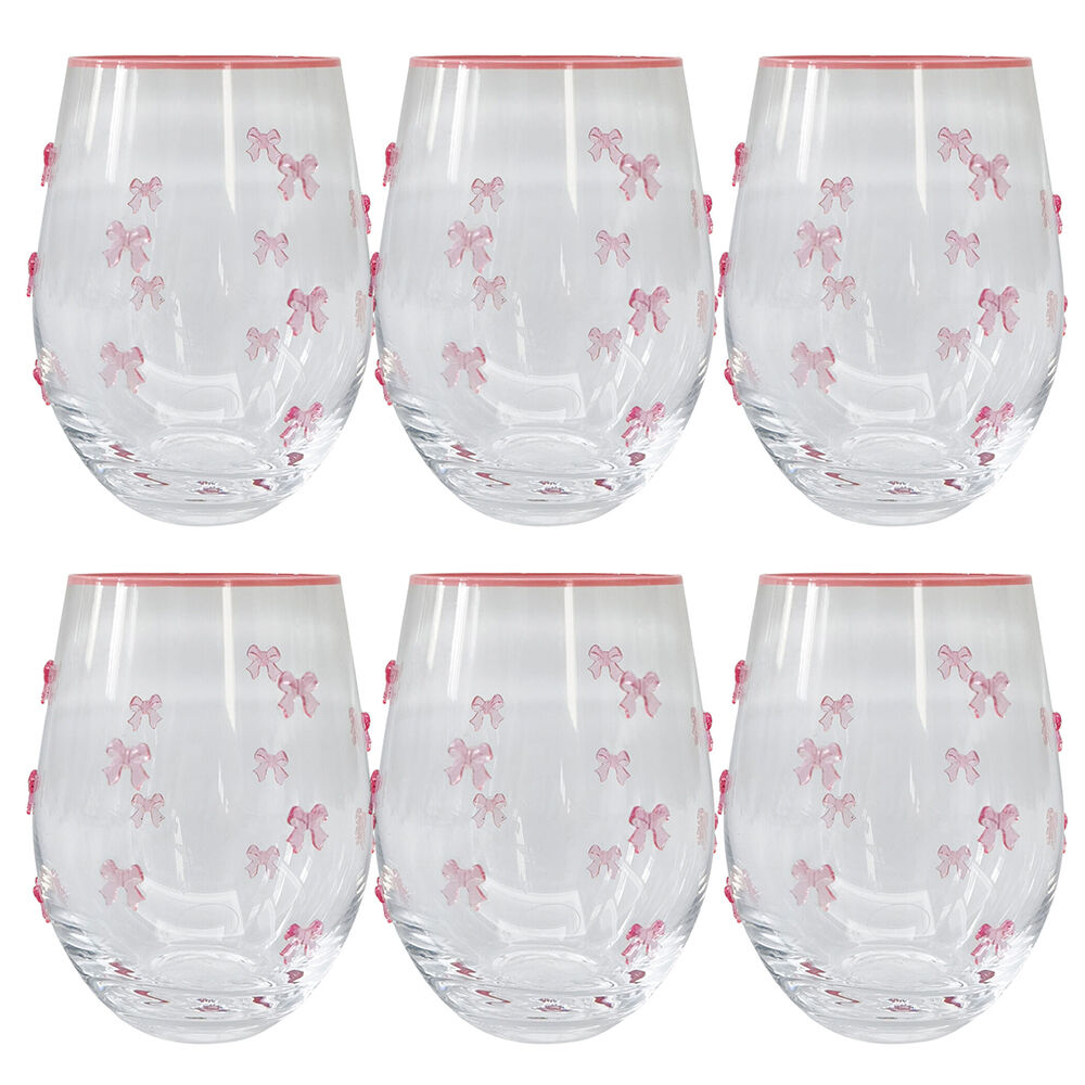 6PK Urban Kaya Bows Stemless Wine Drinking Glass 520ml 12cm Pink
