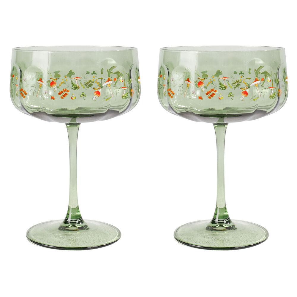 2x 2pc Urban Enchanted Garden Floral Coupe Champagne Drinking Glasses 16cm Green