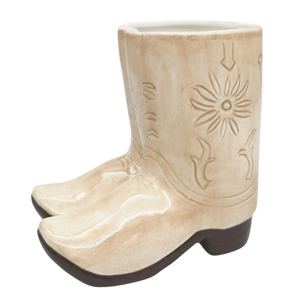 2PK Urban Ceramic Cowboy Boots Outdoor Garden Planter Pot 16x17cm Tan