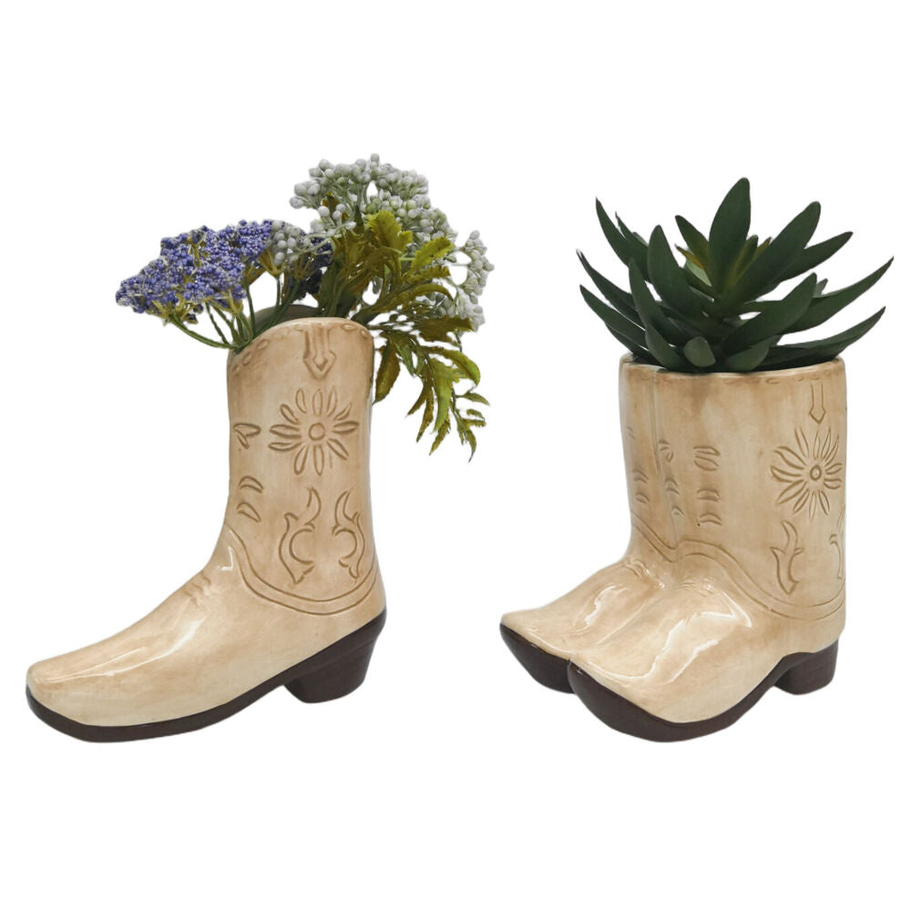 Urban Ceramic Cowboy Boots Outdoor Garden Planter Pot 16x17cm Tan