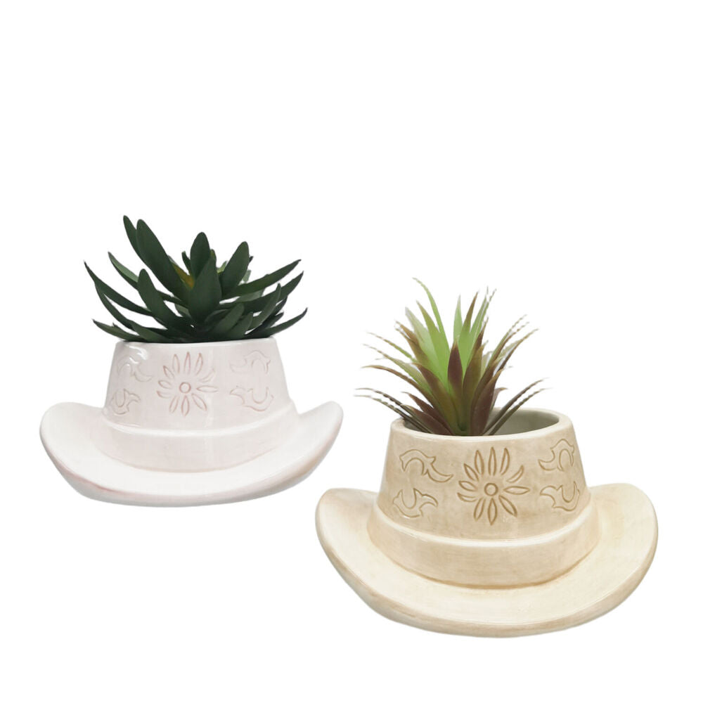 Urban Ceramic Cowboy Hat Outdoor Garden Planter Pot 20x9cm Pink