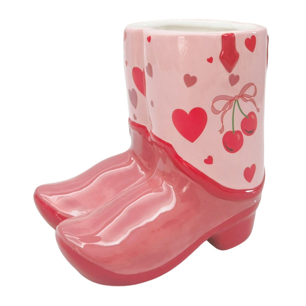 Urban Ceramic Cowboy Boots Cherry Outdoor Planter Pot 16x17cm Pink