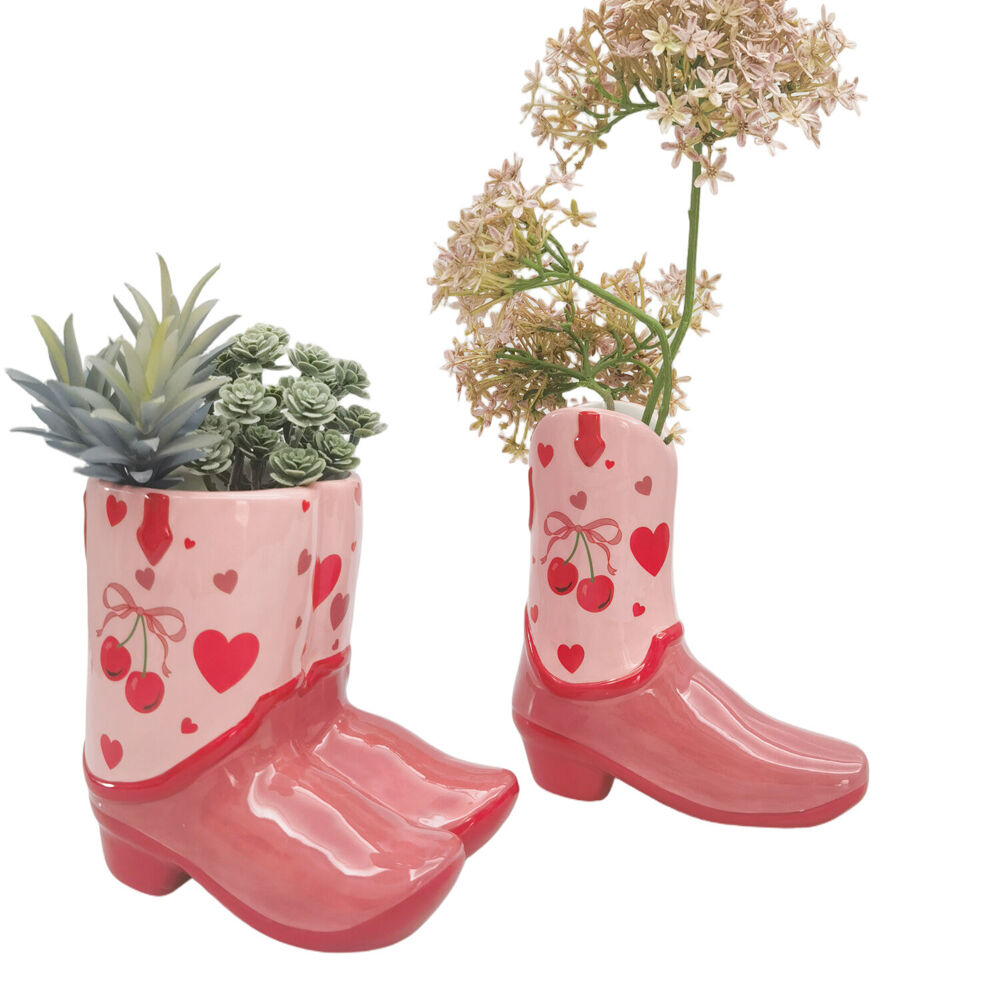 Urban Ceramic Cowboy Boots Cherry Outdoor Planter Pot 16x17cm Pink
