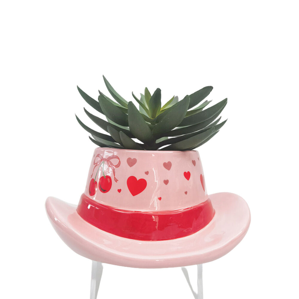 Urban Ceramic Cowboy Hat Cherry Outdoor Planter Pot 20x9cm Pink