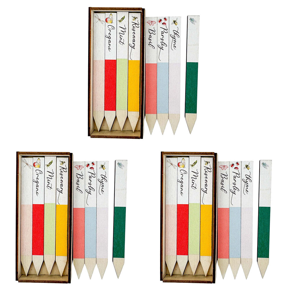 3x 8pc Urban Wooden Plant Markers Signs Gift Box 12cm Multicoloured