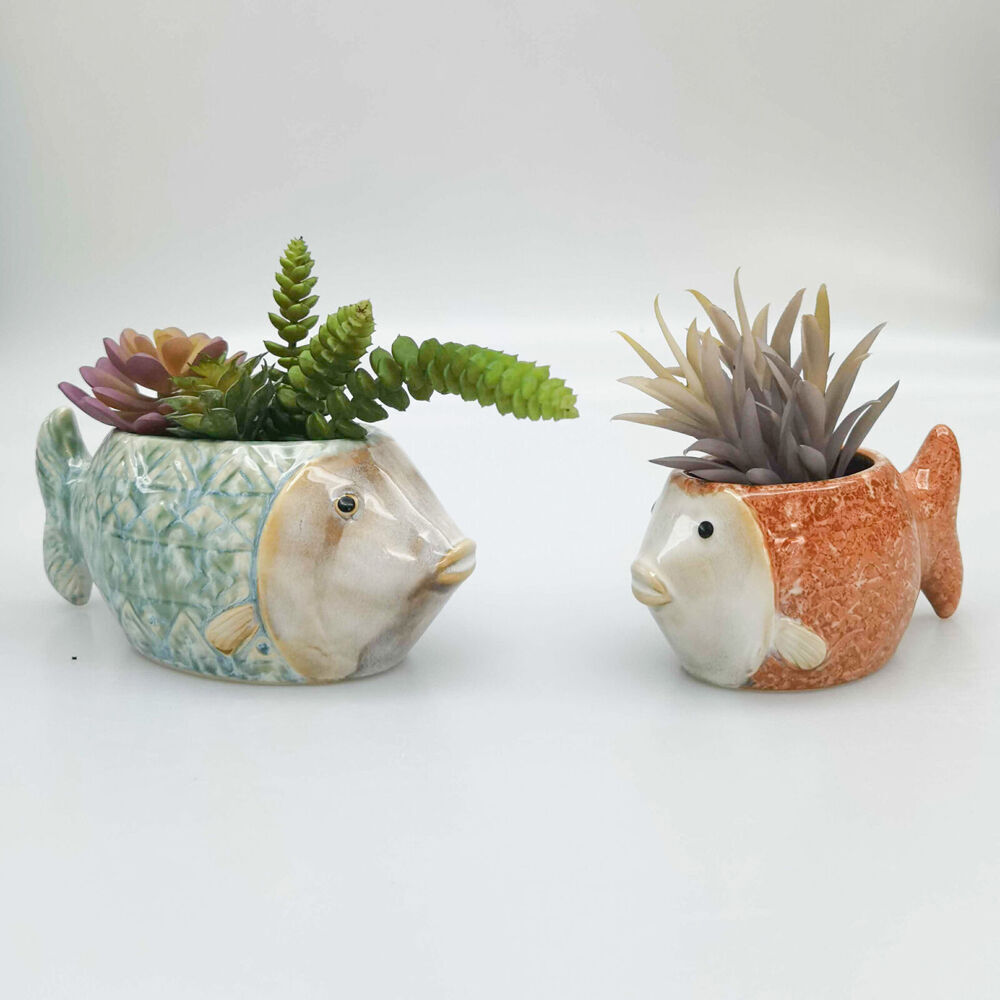 3PK Urban Ceramic Reef Fish Outdoor Garden Planter Pot 7x13cm Orange