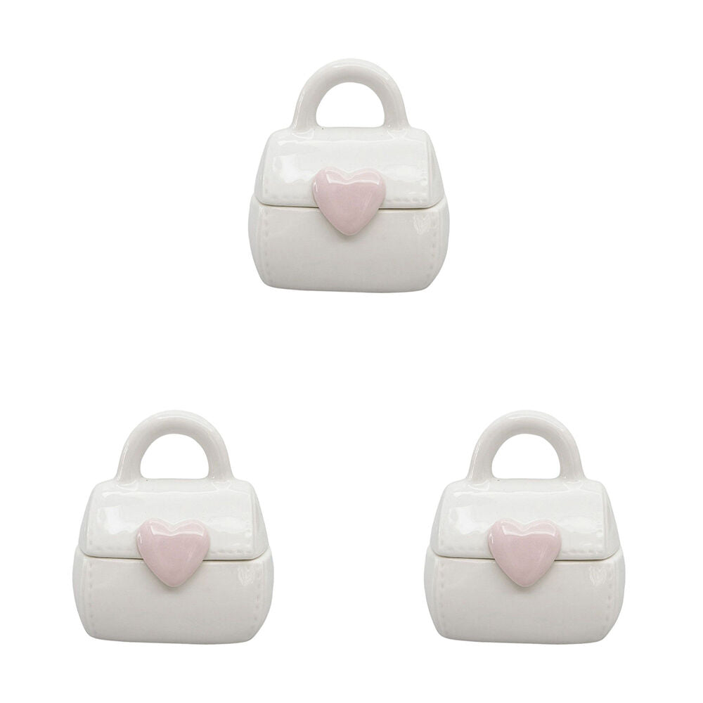 3PK Urban Ceramic Handbag with Heart Trinket Box 6x10cm Pink/White