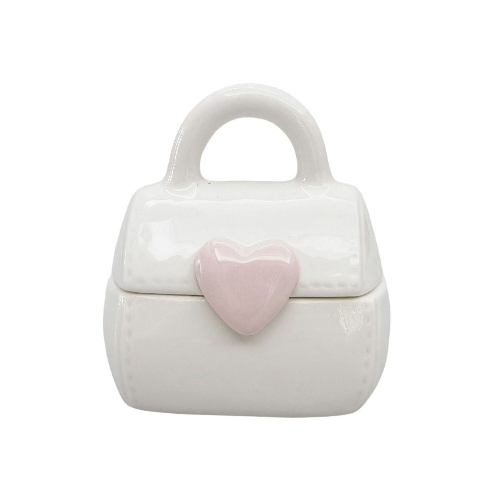 3PK Urban Ceramic Handbag with Heart Trinket Box 6x10cm Pink/White