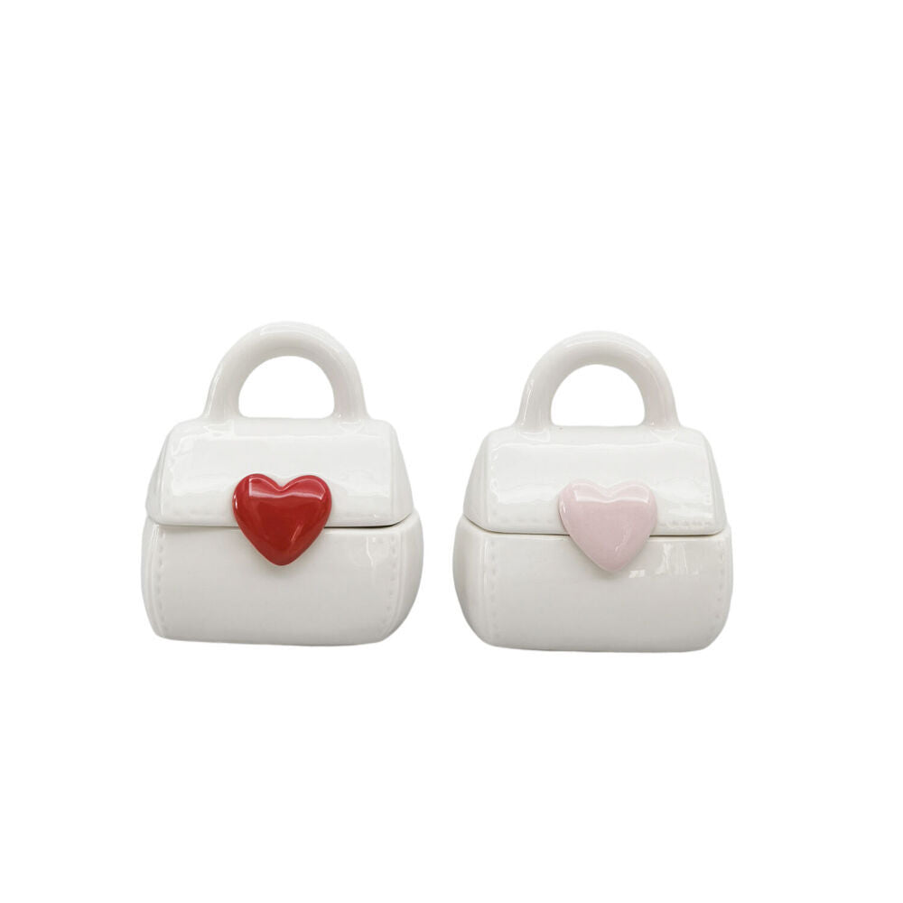 3PK Urban Ceramic Handbag with Heart Trinket Box 6x10cm Pink/White