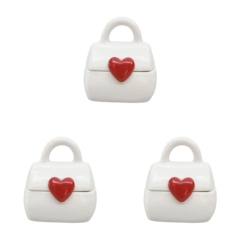 3PK Urban Ceramic Handbag with Heart Trinket Box 6x10cm Red/White