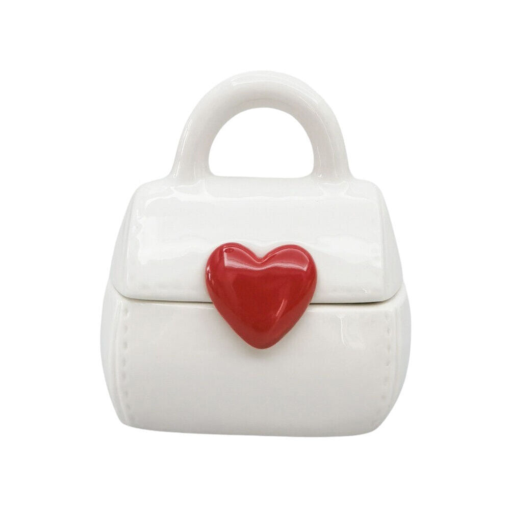 3PK Urban Ceramic Handbag with Heart Trinket Box 6x10cm Red/White