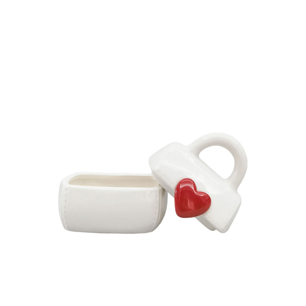 3PK Urban Ceramic Handbag with Heart Trinket Box 6x10cm Red/White